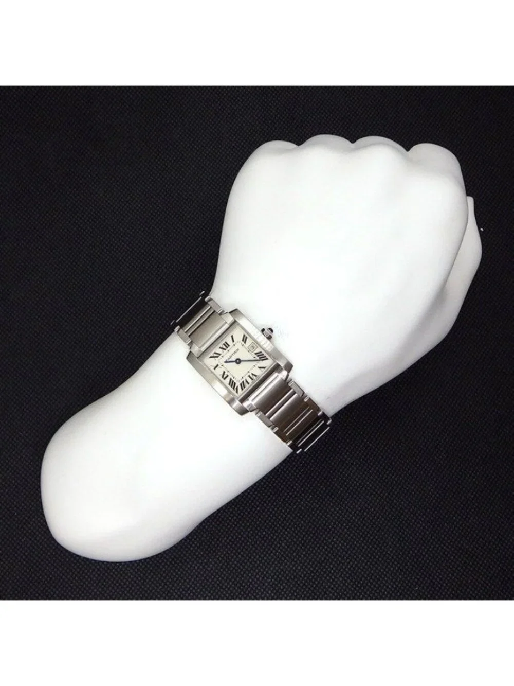 Cartier Watch Tank Francaise MM Square Ivory Dial Roman Index Date SS Quartz